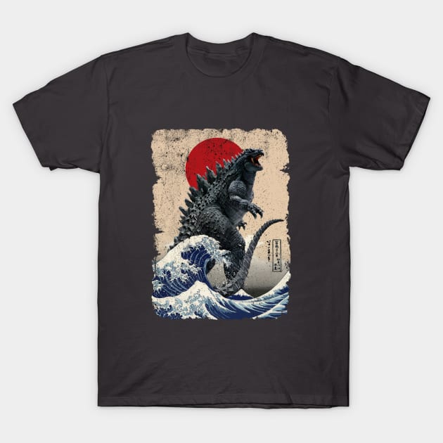 Godzilla and the Wave Tan Background - Rough T-Shirt by DavidLoblaw